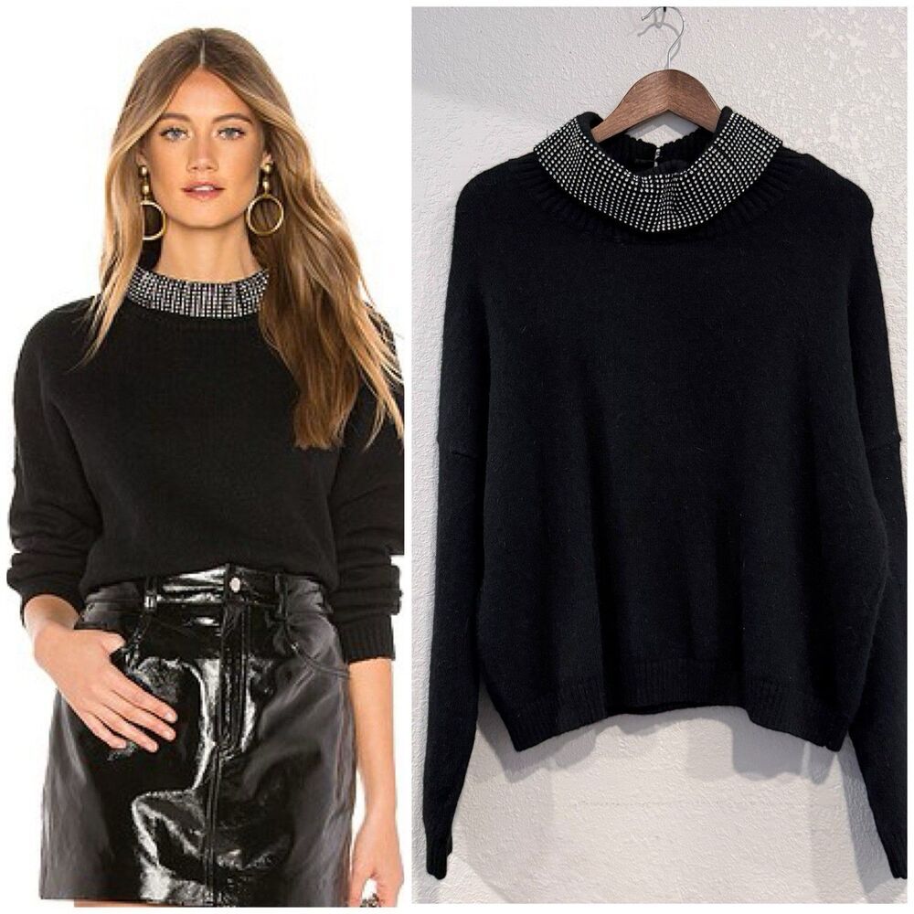 Endless Rose Embellished Neck Sweater Black Size Small Wool Blend Pullover Chic